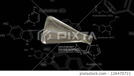 Image of data processing and vial over chemical formula on black background 126470721