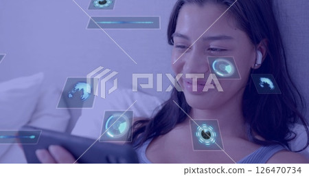 Image of scopes and data processing over biracial woman using tablet 126470734