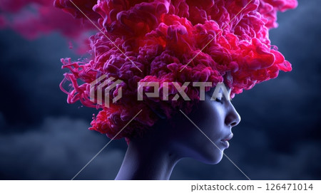 Vibrant hair-like clouds surround a serene profile. 126471014