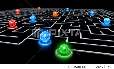 Futuristic maze with glowing spheres navigating paths. 126471030