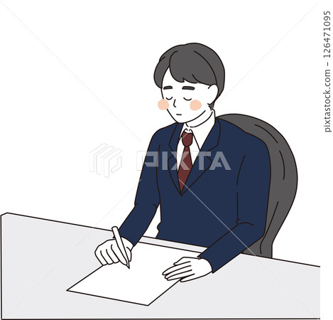 Illustration of a serious businessman writing documents at his desk Illustration of a serious businessman writing documents at his desk 126471095