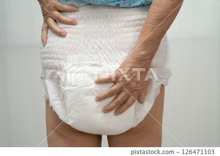 Asian senior woman patient wearing incontinence diaper. 126471103
