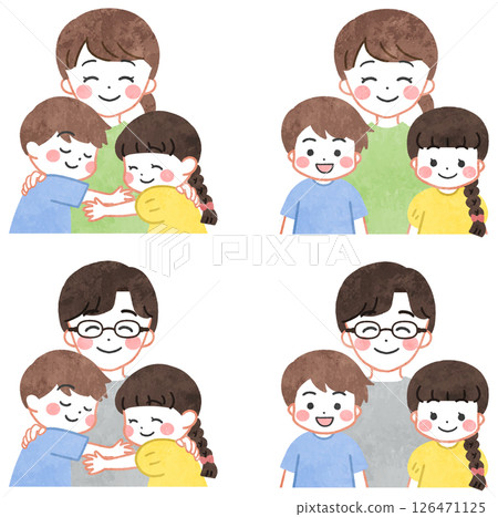 Illustration set of a young family/parents and children standing side by side smiling 126471125