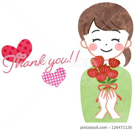 Illustration of a smiling woman holding a bouquet of flowers Mother's Day Birthday 126471126