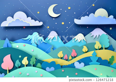 Cute paper craft houses and moon at night Cute paper craft houses and moon at night 126471218