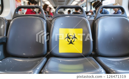 Empty seats in a train with a biohazard warning sign. 126471319