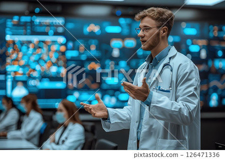 A cybersecurity expert giving a lecture on protecting personal data online. The expert addresses the importance of regularly updating software and devices. A cybersecurity expert giving a lecture on protecting personal data online. The expert addresses the importance of regularly updating software and devices. 126471336