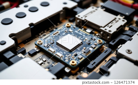 Close-up of a circuit board with electronic components and connectors. 126471374