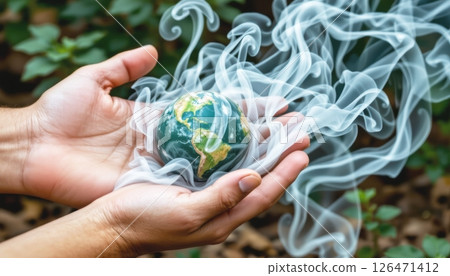 Hands holding a small Earth globe surrounded by swirling smoke. 126471412