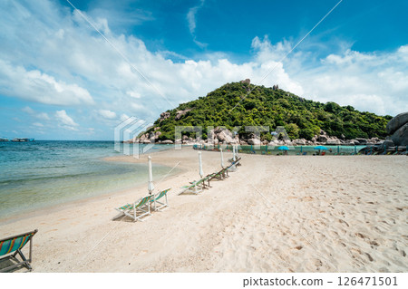 Beach and beach chairs for relaxing on Nang Yuan Island Beach and beach chairs for relaxing on Nang Yuan Island 126471501