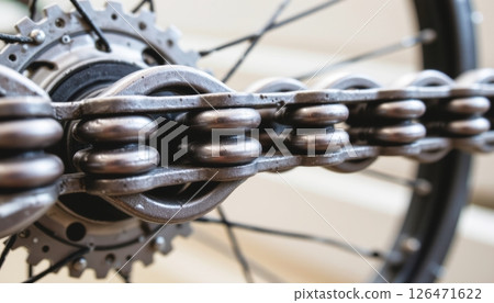 Close-up of a bicycle chain linked to the rear gear system. 126471622