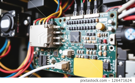 Circuit board with colorful wires and electronic components. 126471624