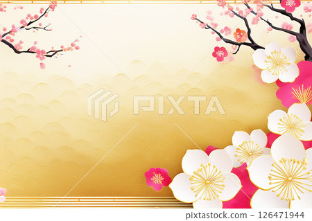 金色背景日式紅白梅花早春盛開 金色背景日式紅白梅花早春盛開 126471944