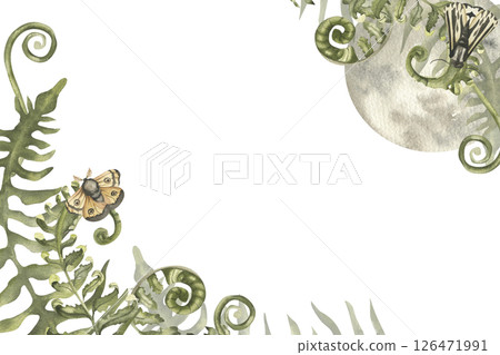 Mystic banner template with full moon, night moth in beige and green forest fern watercolor illustration.Hand drawn magic clipart for halloween,esoteric party, card,poster design 126471991