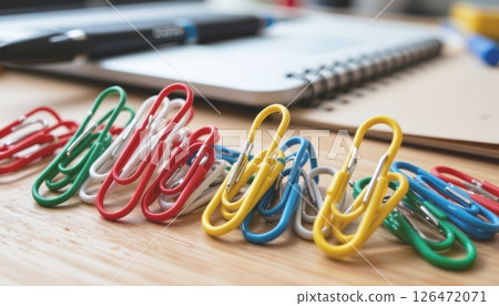Colorful paper clips arranged on a wooden desk with a notebook. 126472071