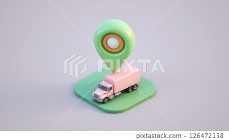 3D truck model with a location pin on a green platform. 126472158