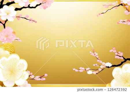 Golden background Japanese style red and white plum blossoms blooming in early spring Golden background Japanese style red and white plum blossoms blooming in early spring 126472392