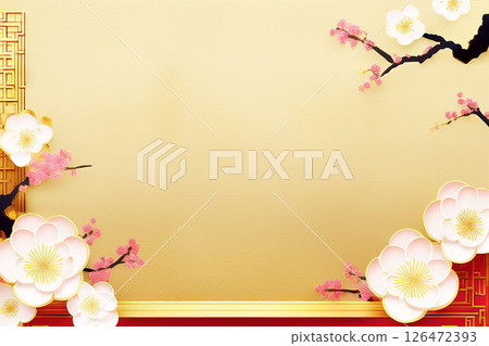 Golden background Japanese style red and white plum blossoms blooming in early spring Golden background Japanese style red and white plum blossoms blooming in early spring 126472393