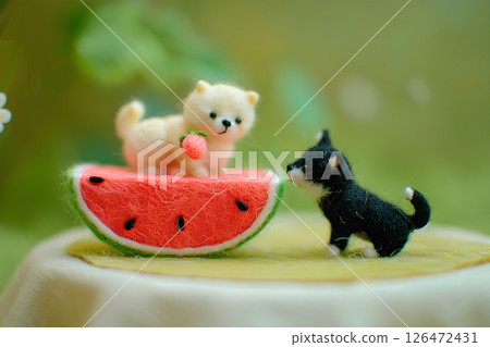 A cute felt dog and a delicious-looking watermelon (3D) 126472431