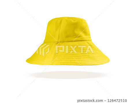 A long yellow bucket hat floating on a white background. 126472510