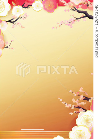 金色背景日式紅白梅花早春盛開 126472540