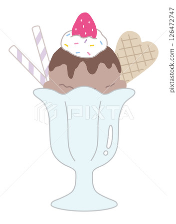 Vector illustration of a cute ice cream parfait. Strawberry, whipped, dessert, chocolate 126472747