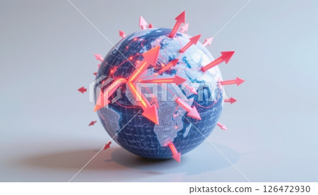 3D globe with arrows indicating global movement and direction. 126472930