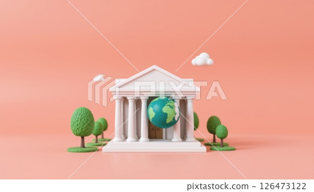 3D model of a building with a globe and trees on a pastel background 126473122