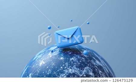 Blue envelope on a globe representing global communication. 126473129