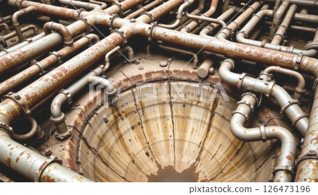 Industrial pipes arranged around a deep circular opening. 126473196
