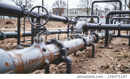Industrial pipes with valves in a desolate outdoor setting. 126473197