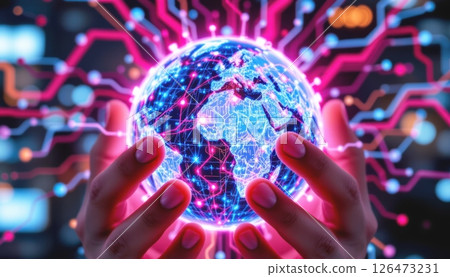 A glowing digital globe held in hands,...-插圖素材 [126473231] - PIXTA圖庫