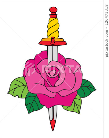 Red rose and dagger. Retro Tattoo vector illustration. Old School Traditional Sword. Rock symbol 126473318