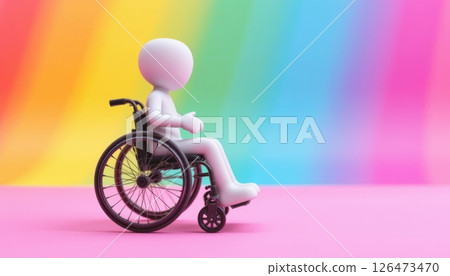 A 3D figure in a wheelchair against a colorful background. 126473470
