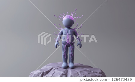 Futuristic character with a neural network design on a rocky base. 126473489