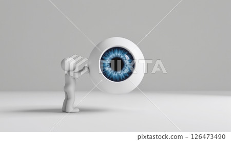 A figure holding a large eye symbolizes perception and awareness. 126473490