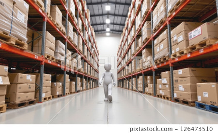 A figure walks through a vast warehouse filled with stacked boxes. 126473510