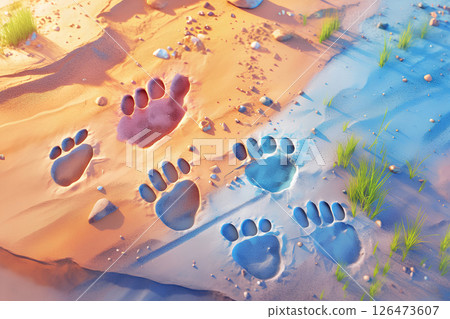Large animal footprints (3D illustration) 126473607