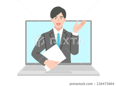 Illustration material of a young male office worker participating in an online meeting on a computer Illustration material of a young male office worker participating in an online meeting on a computer 126473664