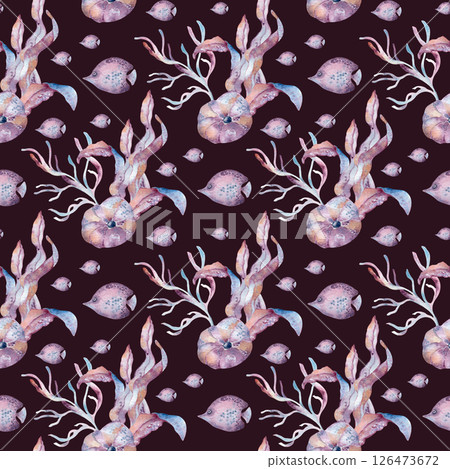 Sea creatures and ocean flora watercolor seamless pattern isolated on dark. Marine world seaweeds and fishes bright repeated background for summer marine prints, coastal design, home textile. Sea creatures and ocean flora watercolor seamless pattern isolated on dark. Marine world seaweeds and fishes bright repeated background for summer marine prints, coastal design, home textile. 126473672