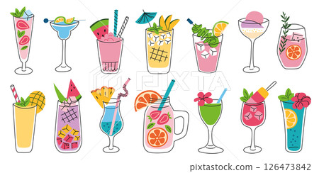 Vector illustration set of summer lemonades, fruity cocktails and mocktails in glass cups. Flat cartoon tropical drinks with ice, berries, herbs, mango, strawberry, and citrus, trendy bright icons 126473842