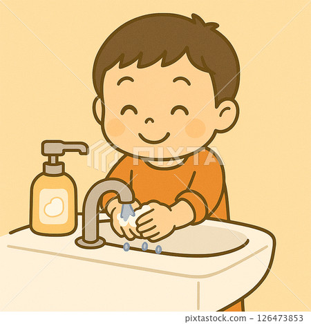 孩子用泡沫肥皂和自來水洗手 126473853