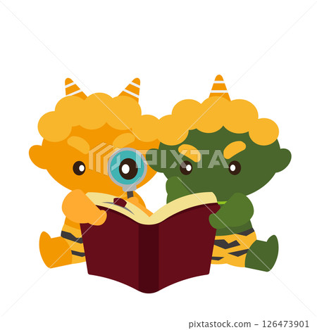 Illustration of a yellow and green demon looking at a book with a magnifying glass Illustration of a yellow and green demon looking at a book with a magnifying glass 126473901