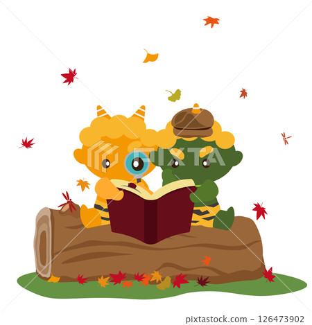 Illustration of a yellow and green demon reading a book on a log Illustration of a yellow and green demon reading a book on a log 126473902