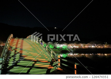 Illuminated cherry blossoms and Iwakuni Castle at night across Kintai Bridge 126474351