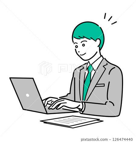 A simple upper body vector illustration of a man in a business suit working on a computer A simple upper body vector illustration of a man in a business suit working on a computer 126474440