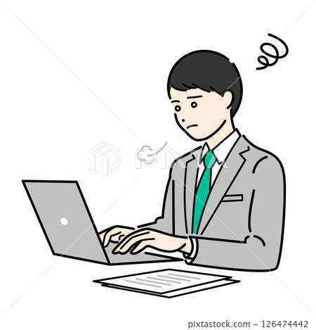 A simple upper body vector illustration of a man in a business suit sighing and worrying while working on a computer A simple upper body vector illustration of a man in a business suit sighing and worrying while working on a computer 126474442