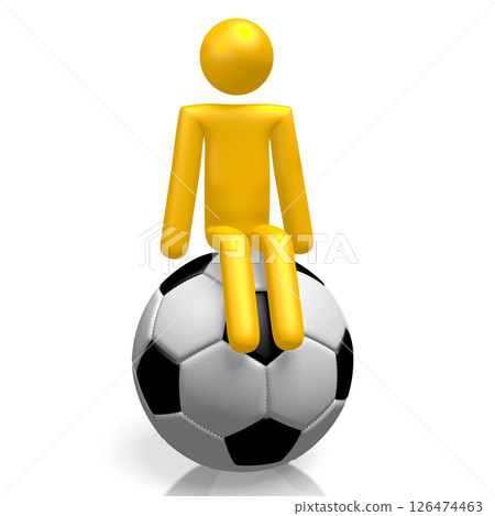 Yellow cartoon character sitting on soccer ball Yellow cartoon character sitting on soccer ball 126474463