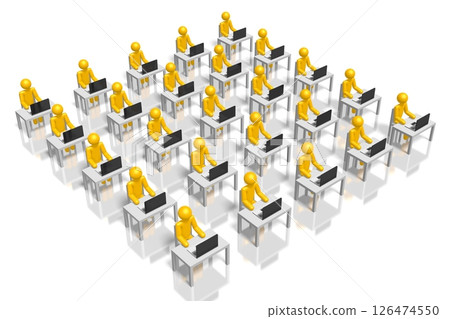Cartoon characters sitting behind desks and working on laptops 126474550