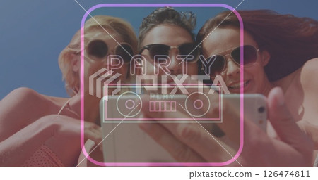 Party text image over friends taking selfie outdoors 126474811